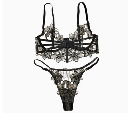 French Floral Lace Sheer Lingerie Bra & Thong Set