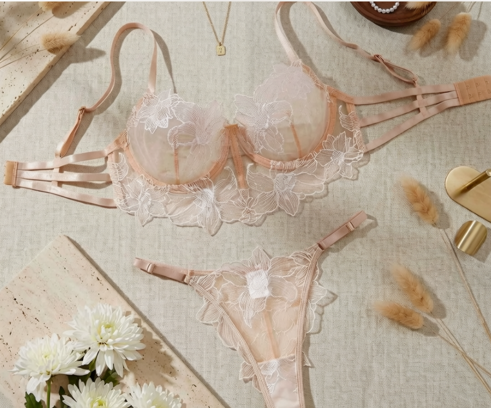 French Floral Lace Sheer Lingerie Bra & Thong Set