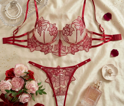 French Floral Lace Sheer Lingerie Bra & Thong Set